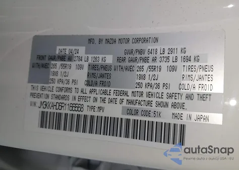 2024 Mazda Cx-90 3.3 Turbo Select from USA, damaged, VIN JM3KKAHD6R1166568